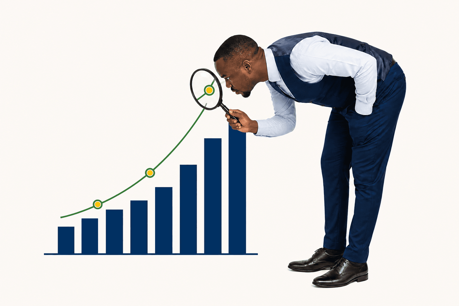 A bureau manager bending forward to examine a rising performance graph through a magnifying glass